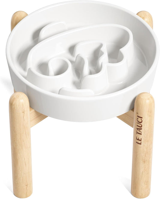 LE TAUCI Ceramic Slow Feeder Dog Bowls Elevated, 1.5 Cups Raised Dog Bowl with Wooden Stand for Small Medium Breed to Slow Down Eating, Puzzle Food Bowl,Angel White