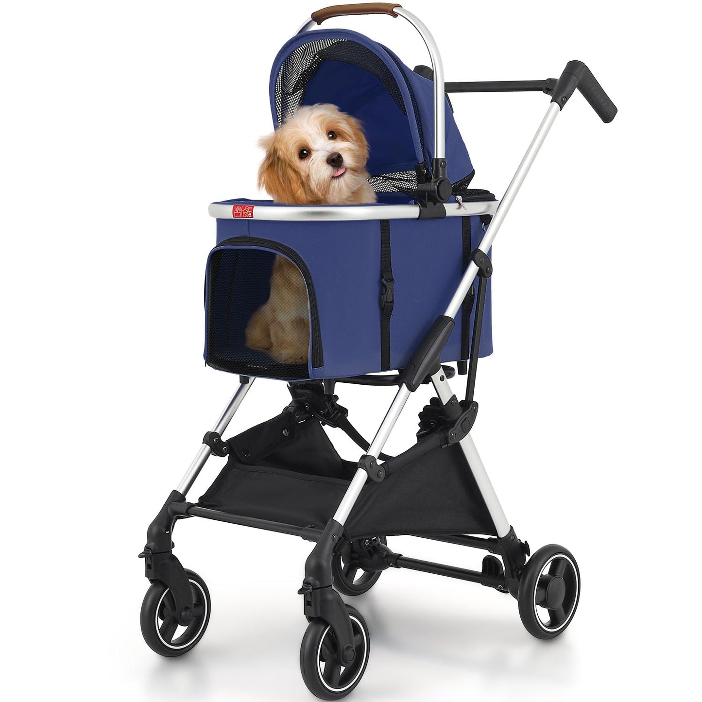 Pet Stroller with 4 Wheels for Small/Medium Pets, 3 in 1 Travel Foldable Detachable Carrier for Dog Cat Cage Jogger Stroller, Rear Wheel Breaks, Storage Basket, Car Seat (Navy Blue)