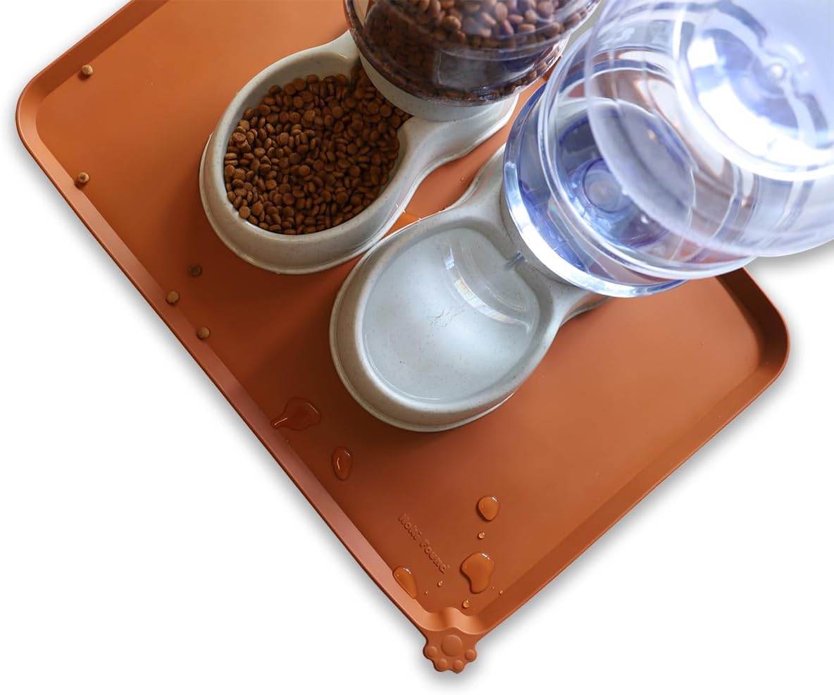 Hoki Found Large Silicone Non Slip Pet Feeding Mats - Waterproof Dog Cat Bowl Mats - Caramel