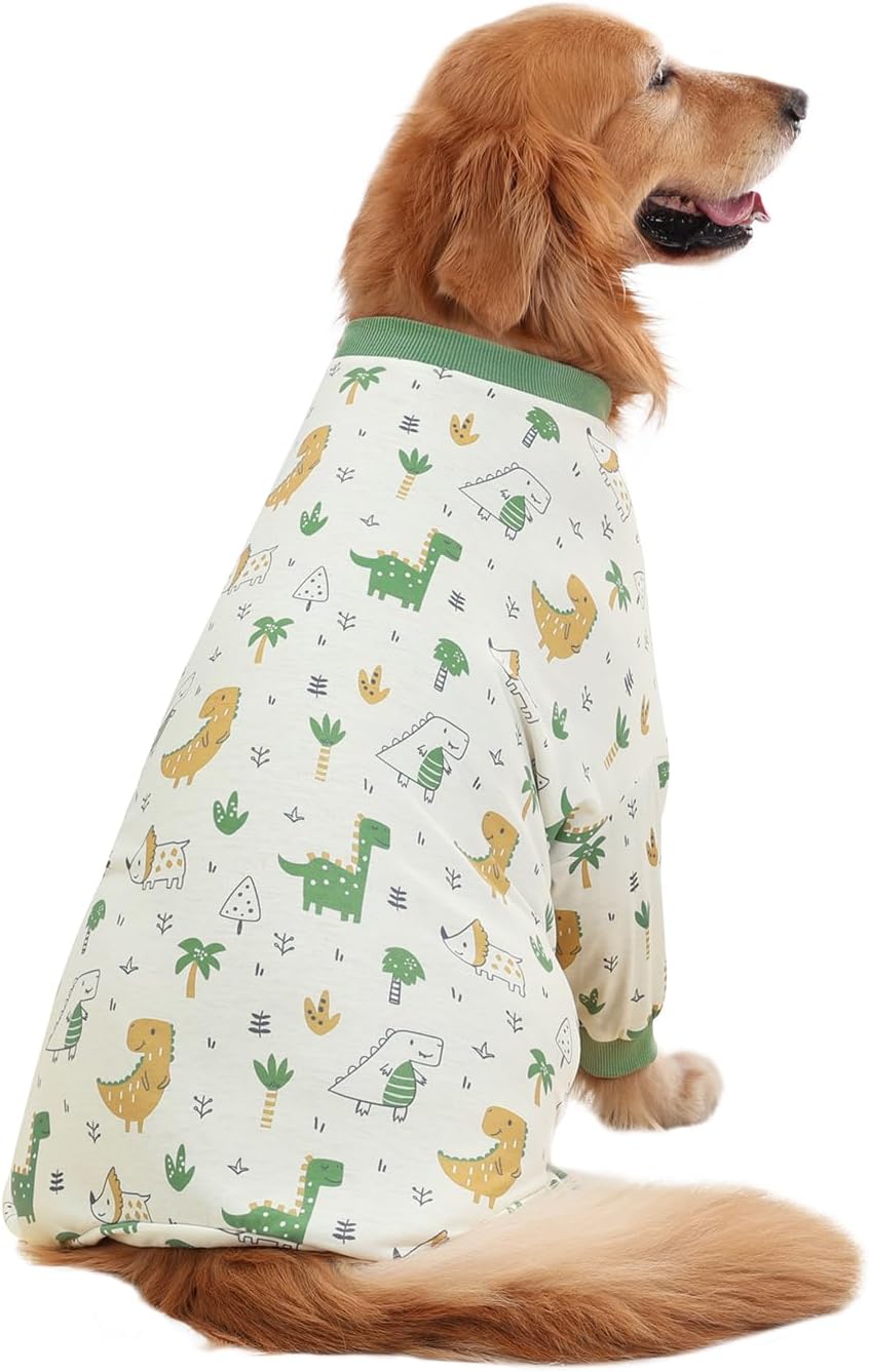 HDE Dog Pajamas One Piece Jammies Jumpsuit Pet Clothes Outfit Stretchy Lightweight Comfy Shirt Pjs for M-3XL Dogs Forest Dinos - 2XL
