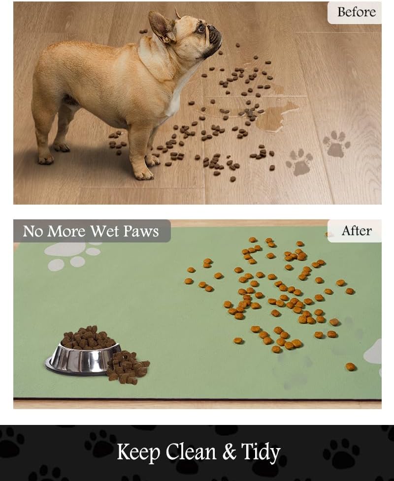 Pet Feeding Mat-Absorbent Dog Mat for Food and Water Bowl-No Stains Quick Dry Water Dispenser Mat-Dog Accessories Pet Supplies-Bowl for Messy Drinkers（Green,23"x34"