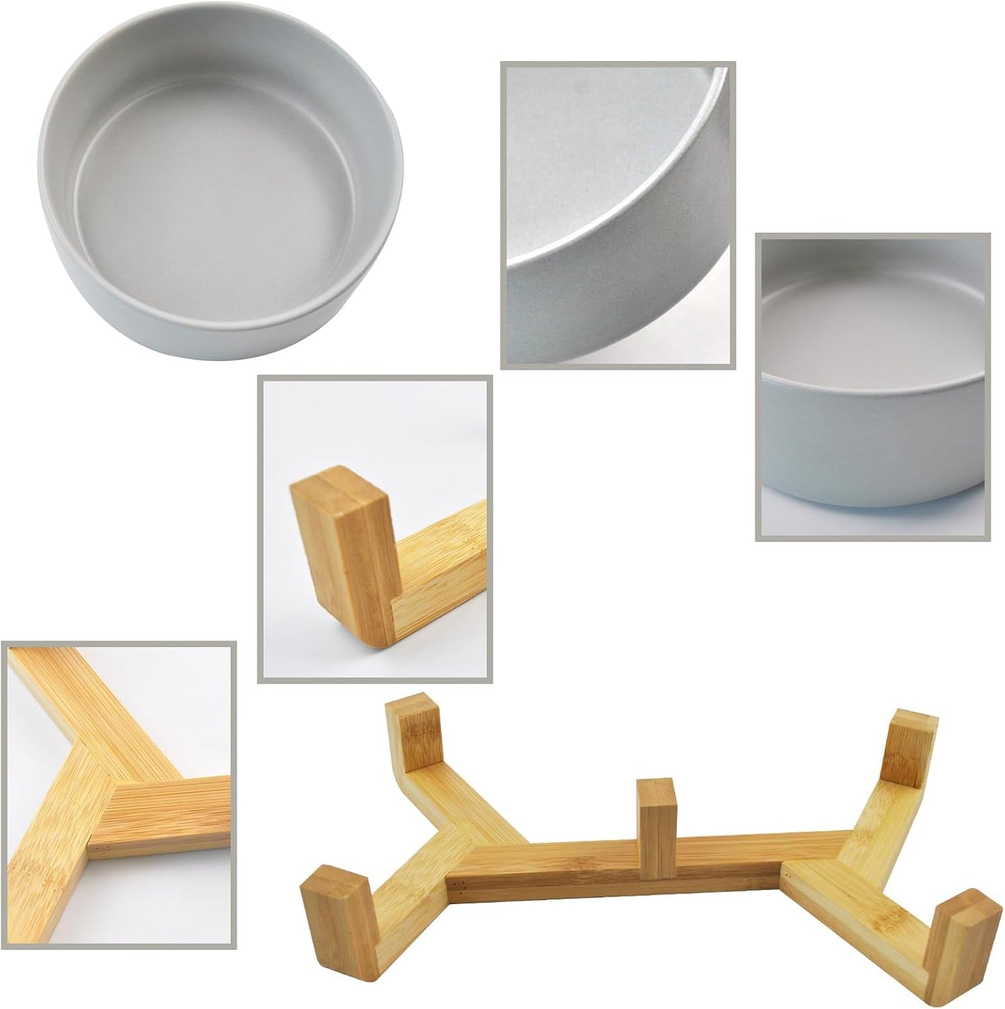 Ceramic Cat Bowls with Bamboo Stand,Non-Slip Small Dog Food and Water Bowl Set Non-Spill Cats Feeder Dish Modern Cute Weighted Cat Dishes for Small Dogs Puppy Cats Kitten(Grey)