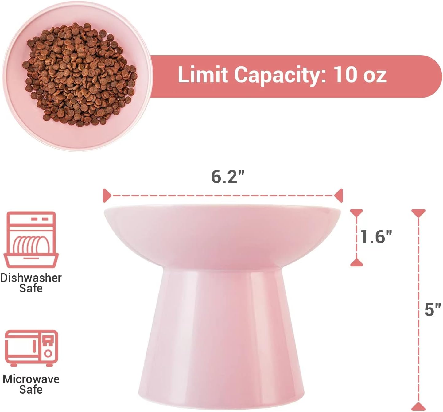 Extra Wide Elevated Ceramic Cat Food Bowl - 6.2" Shallow Dish for Whisker Fatigue Relief, 5" Height for Easy Feeding, Lead & Cadmium Free, Durable Raised Cat Food Bowls, Pink