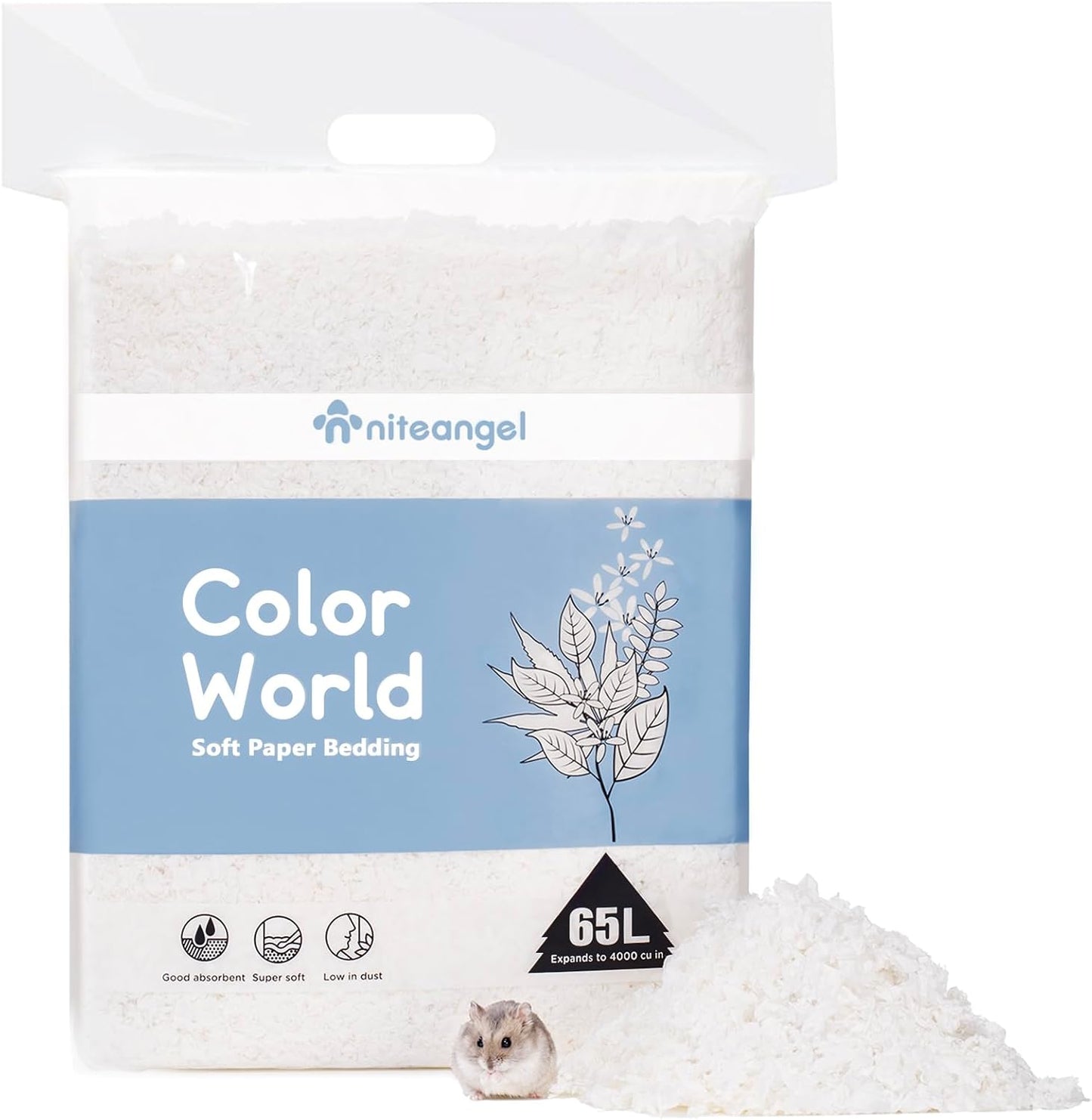 Niteangel Aspen Shaving Hamster Beddings for Syrian Dwarf Hamster Gerbil Mice Degu Rat Rabbit Bunny Guinea Pig Chinchilla Hedgehog or Other Small Pets (65L - White Paper Bedding)