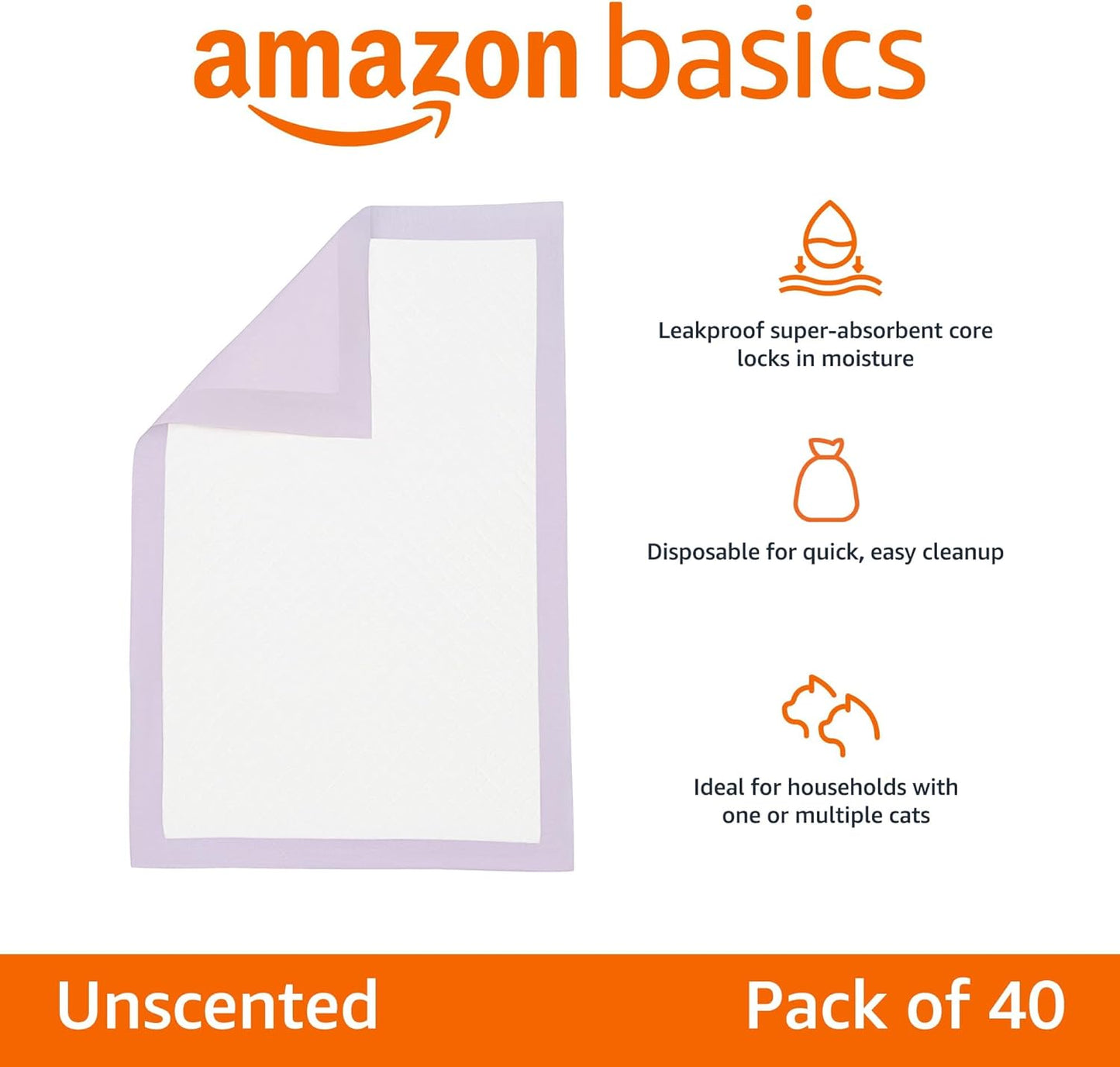 Amazon Basics Cat Litters Pee Pads, 40 Count, Universal Fit for Litter Box, Odor Control, Unscented, Purple