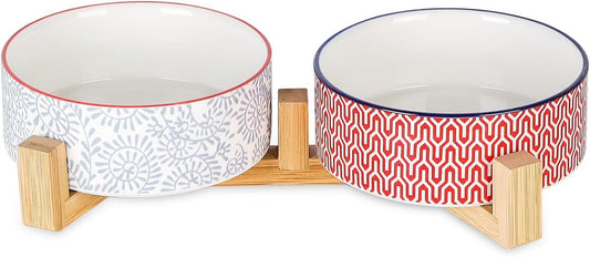 Selamica Ceramic 14 oz Dog Bowls - Anti-Slip Pet Dishes Set with Wooden Stand for Cats & Small Dogs, Weighted, Assorted Colors, Food & Water Dishes