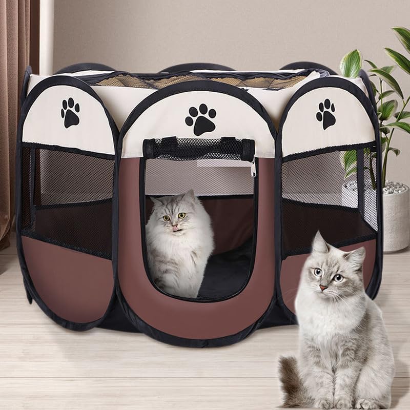Cat Playpen for Indoor and Outdoor Cats Collapsible Enclosed, Portable Cat Tent, Cat, Puppy Crate Cage (Coffee, Standard, Octagon)