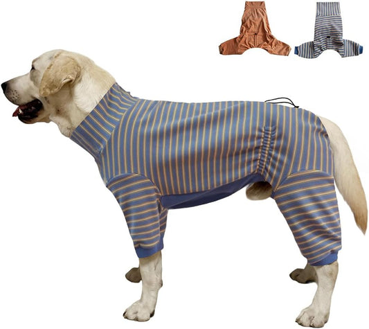 Dog Pyjamas PJS Sweater Clothes and Home Clothing Suitable for Large to Giant Breeds of Dogs, Dog Surgery Recovery Suit, Extra-Large Stretch Fabric, Four-Legged (Thickened Blue Stripes, XL)