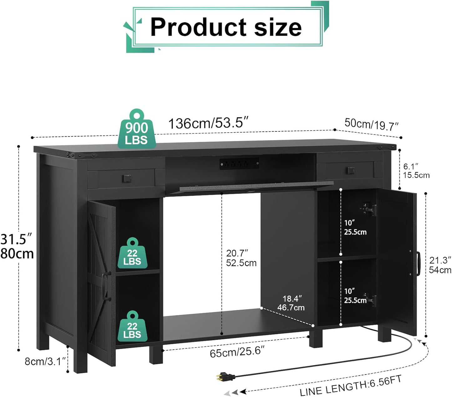 55-75 Gallon Aquarium Stand With Charging Station, Farmhouse Fish Tank Stand, Reptile Tank Stand Terrarium Stand with Drawer and Cabinet Storage, Sturdy Heavy Duty 53.5"×19.7" Tabletop - Black