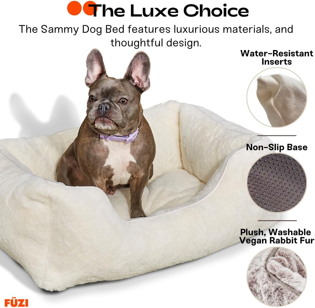 FUZI Premium Aesthetic Dog Bed for Medium Dogs with Washable Cover, Pet Couch, Pet Bed with Sides, Non-Slip Bottom, Soft and Durable Calming Dog Bed, Faux Rabbit Fur, Medium 31.75x23.6x9.5 Dark Grey