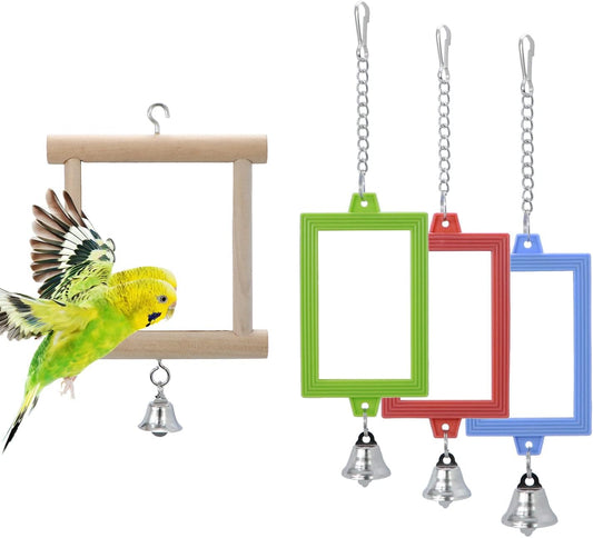 4 PCS Bird Mirror with Bell Parrot Hanging Interactive Playing Toy for Cockatiel Parakeets Canaries Budgie Cage Accessories