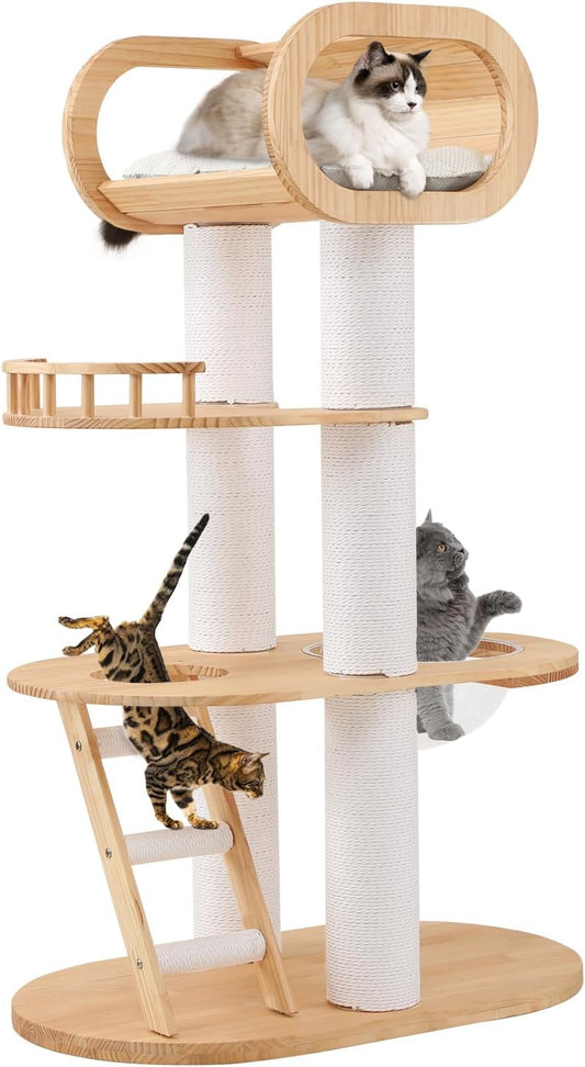 63'' Tall Modern Cat Tree for Indoor Cats, Luxury Cat Tree, Multi-Level Wood Climb Tower for Large Cat, Heavy Duty Kitty House with Transparent Bowl, Large Perches with Removable Cushion