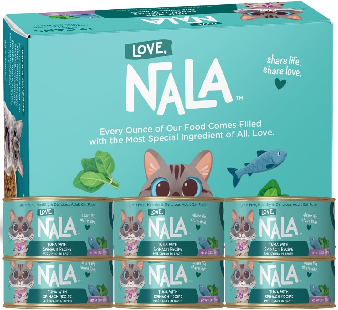 LOVE, NALA - Natural Adult Cat Wet Food - Pate Tuna with Spinach Recipe- Grain Free, Non-GMO, Lean Protein, Iron, Digestive Fiber Blend, Added Minerals & Vitamins - 12 Pack 2.4 lbs.