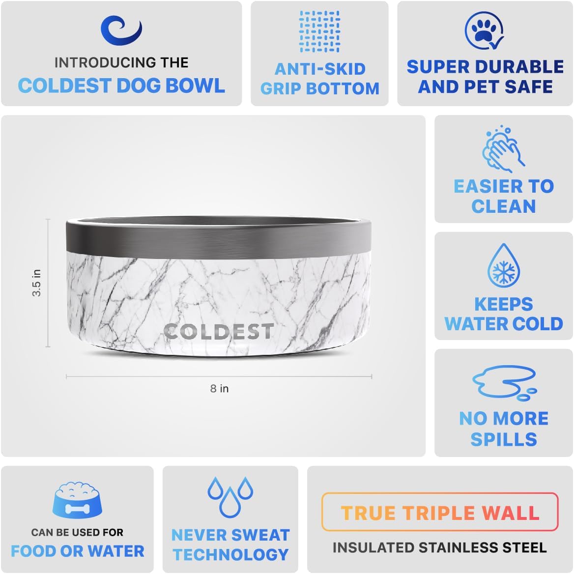 Coldest Dog Bowl - Anti Rust Metal, Non Slip, 3 Layers Insulated Stainless Steel Dog Bowls - Spill Proof & Heavy Duty - Water Bowl for Dogs, Cats & Pets, Dish Washer Safe (64 oz, Carrara Marble)