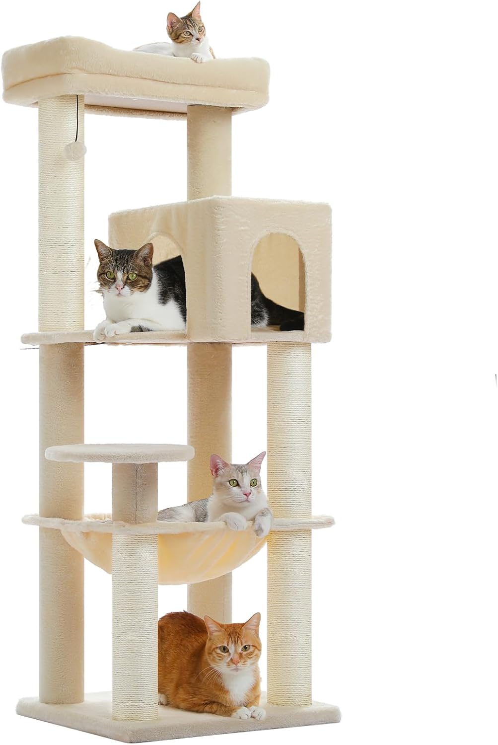 Large Cat Tree with Reinforced Scratching Posts (φ3.1in) for Big Adult Cats 30 lbs, 57.8" Heavy Duty Cat Tower with Larger Hammock and Condo, Cat Furniture for Maine Coon, Plush,Beige
