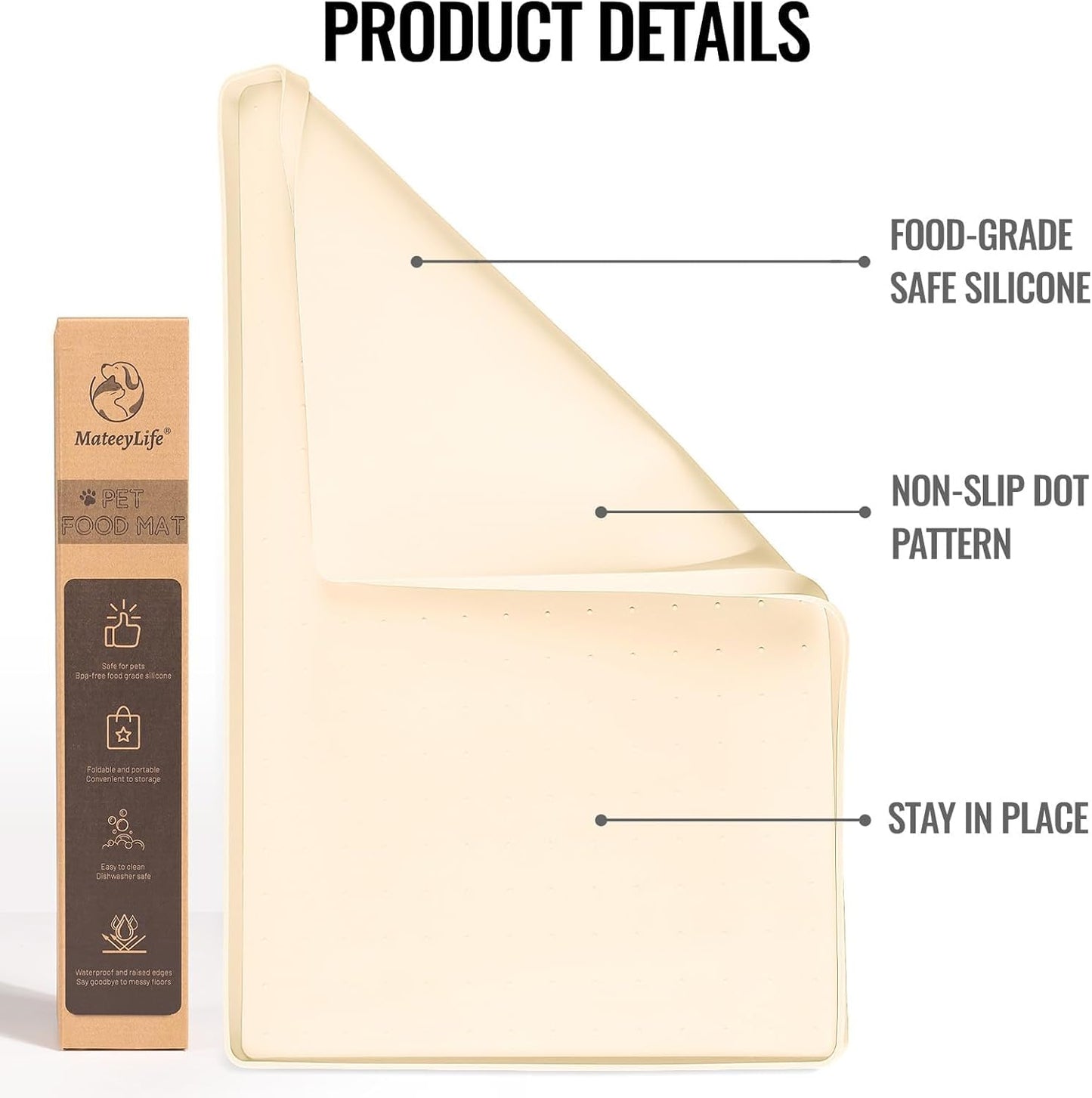 MateeyLife Dog & Cat Food Mat for Floors Waterproof, Nonslip Pets Bowl Mats for Dining and Drinking, Dogs Feeding Mats with Raised Edges, Silicone Cats Matt Tray for Messy Drinkers, 24"x16", Beige