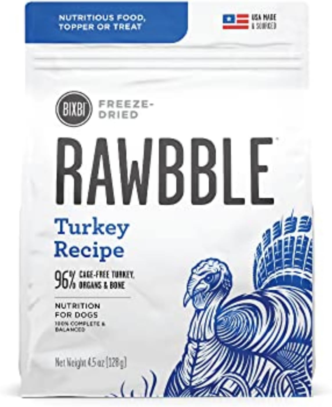 BIXBI Rawbble Freeze Dried Dog Food, Turkey Recipe, 4.5 oz - 96% Meat and Organs, No Fillers - Pantry-Friendly Raw Dog Food for Meal, Treat or Food Topper - USA Made in Small Batches