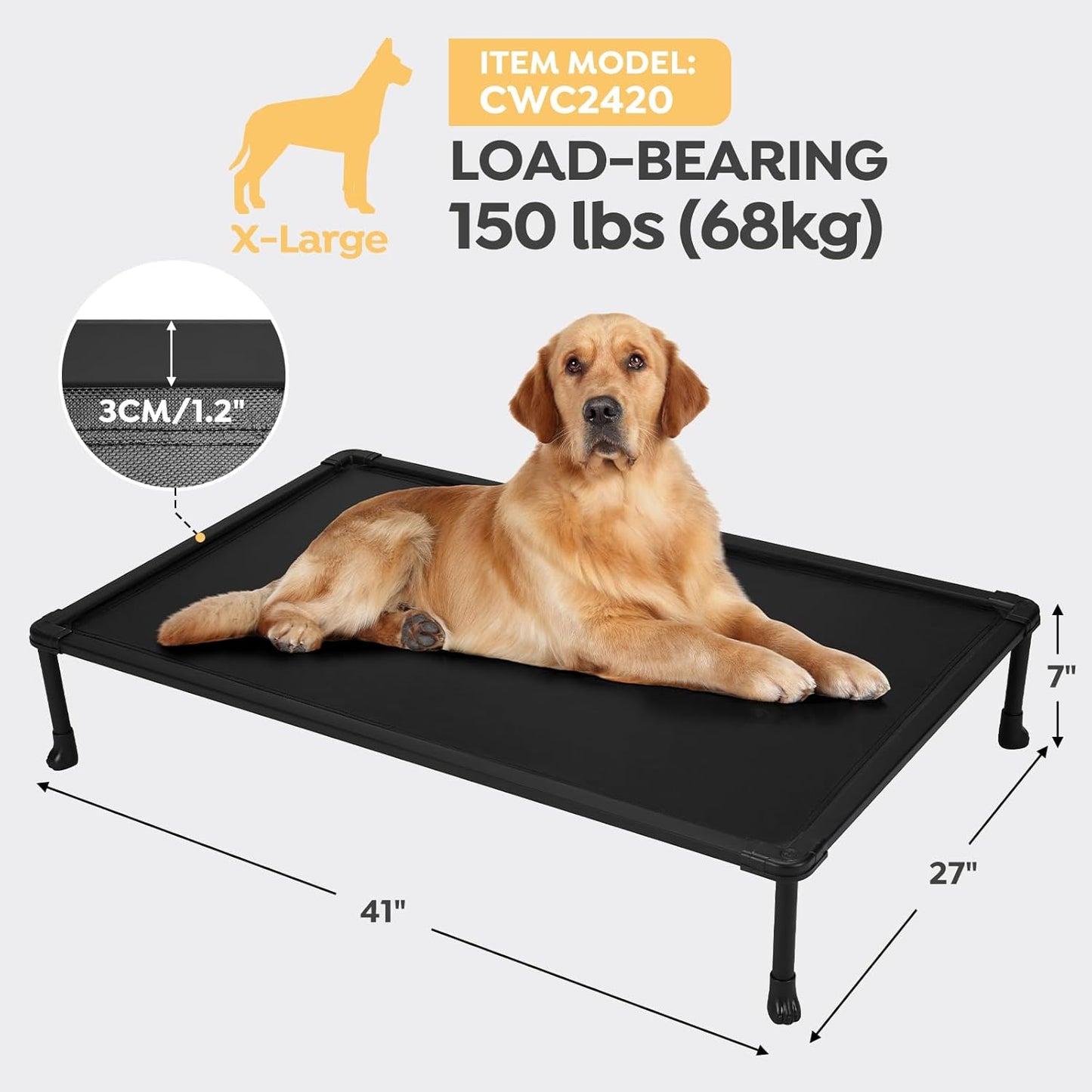 Veehoo Chew-Proof Elevated Dog Bed, Durable Training Platform for Large Dogs, Indoor/Outdoor Raised Pet Cot, Black, 41x27inches, Model CWC2420CP