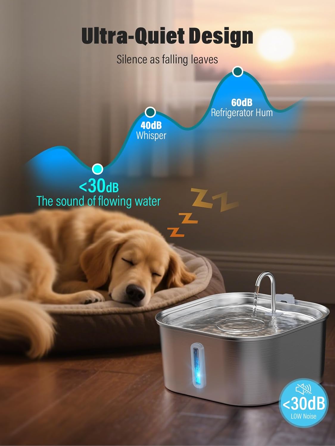 Dog Water Fountain for Large Dogs, 8L/2.1Gal Stainless Steel Pet Water Fountain with Water Level Window, Automatic Dog Water Bowl Dispenser for S-L Dogs and Multi-Pets (with 6pcs Filters)