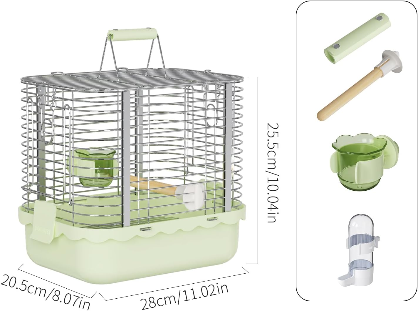 Bird Carrier Travel Cage, Durable Portable Stainless Steel Birdcage with Bird Perch & Feeding Bowl for Parrots Canaries Budgies Lovebirds Conures Cockatiels (Small Light Green)