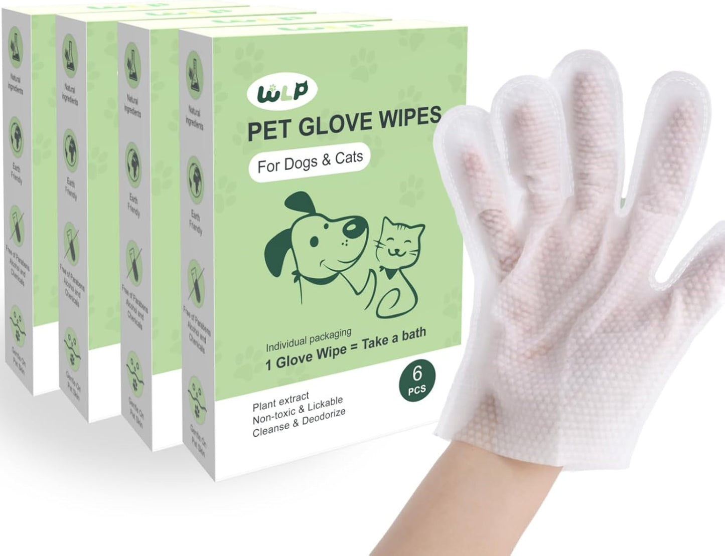 WLP 24 PCS Pet Cleaning and Deodorizing Glove Wipes for Dogs & Cats Hypoallergenic Pet Cleaning and Hydrating Glove Bath Wipes Enriched with Aloe & Jojoba Oil Individually Wrapped