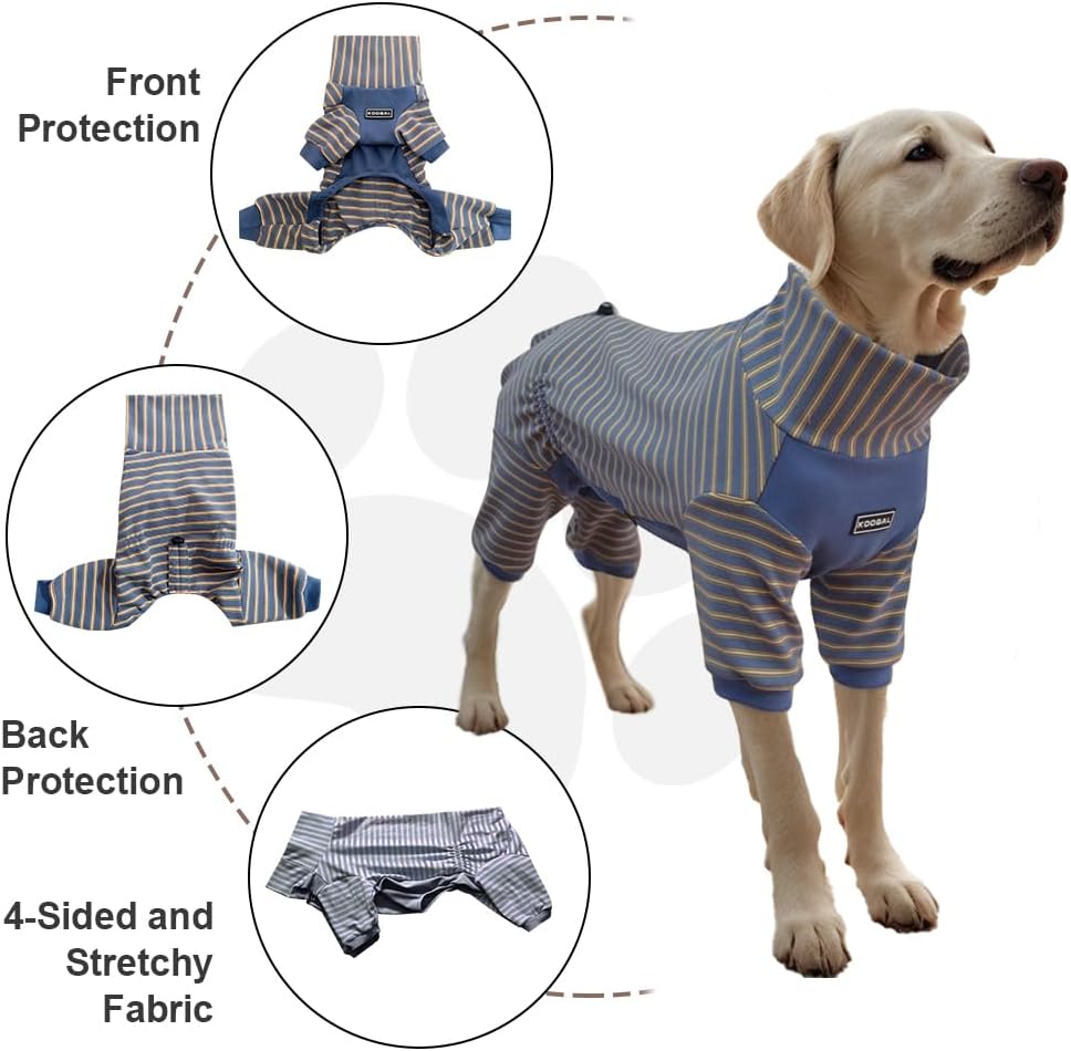 Dog Pyjamas PJS Sweater Clothes and Home Clothing Suitable for Medium to Large Breeds of Dogs, Dog Neutering Suits, Extra-Large Stretch Fabric, Four-Legged (Thickened Blue Stripes, 2XL)