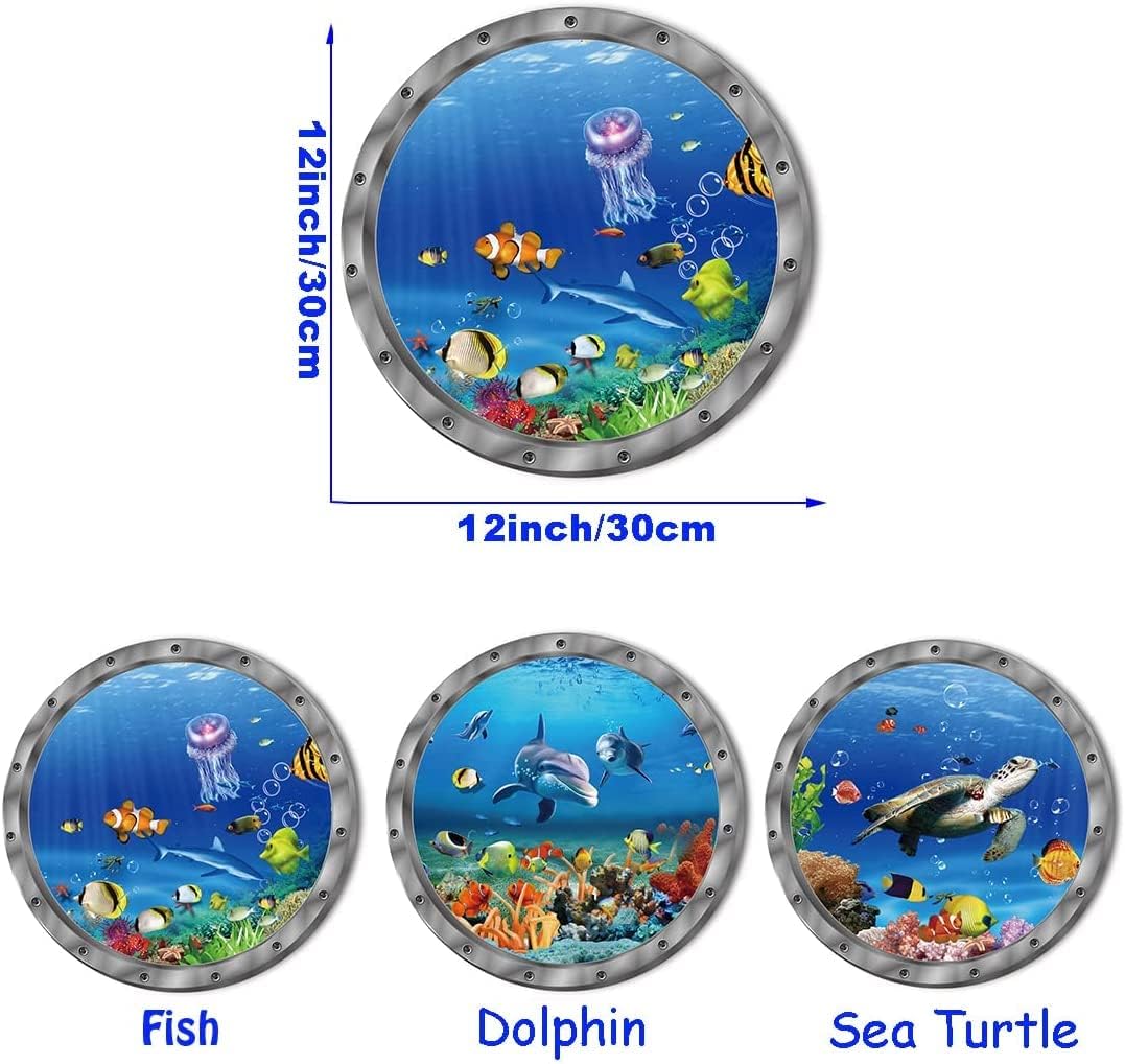 9PCS Ocean Animals World Under Sea Decor Sea Turtles Dolphins Fishes Sharks Coral Removable 3D Peel and Stick Vinyl Stickers