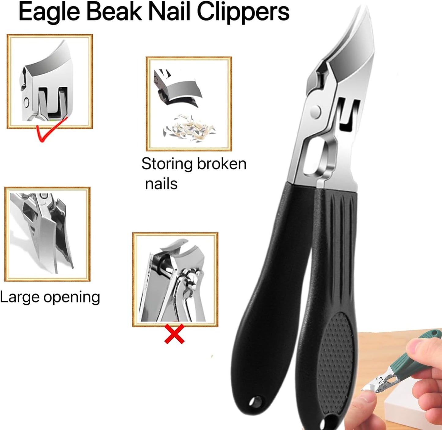 3Pc/Set Eagle Beak Beveled Nail Clippers, Eagle Beak Nail Clippers for Thick Nails, Long Handle Wide Jaw Opening Anti-Splash Slanted Nail Clipper for Men&Women (Black)