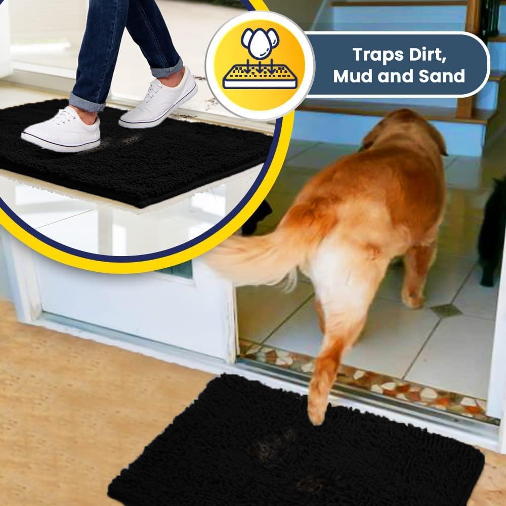 Muddy Mat® AS-SEEN-ON-TV Highly Absorbent Microfiber Door Mat and Pet Rug, Non Slip Thick Washable Area and Bath Mat Soft Chenille for Kitchen Bathroom Bedroom Indoor and Outdoor - Black 6ft x 9ft