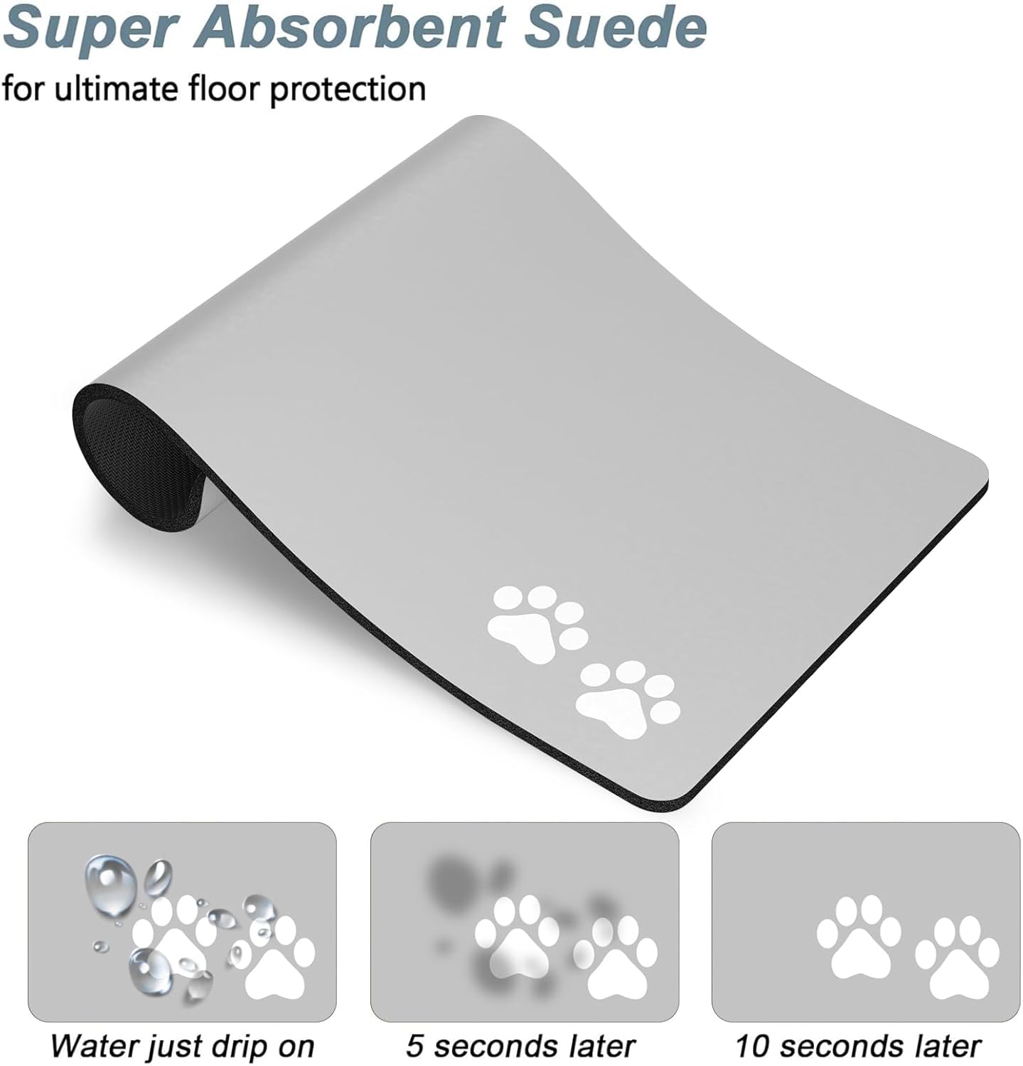 Rnivvi Dog Food Mat, 12" x 19" Footprint Absorbent Dog Cat Bowl Mat for Food and Water, Cute Anti-Slip Rubber Pet Feeding Rug Protect Floors, Puppy Placemat for Feeding & Watering Supplies, Gray