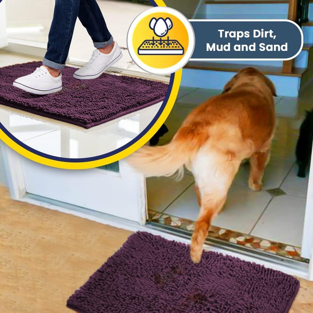 Muddy Mat® AS-SEEN-ON-TV Highly Absorbent Microfiber Door Mat and Pet Rug, Non Slip Thick Washable Area and Bath Mat Soft Chenille for Kitchen Bedroom Indoor and Outdoor - Dark Purple 24" x 96"