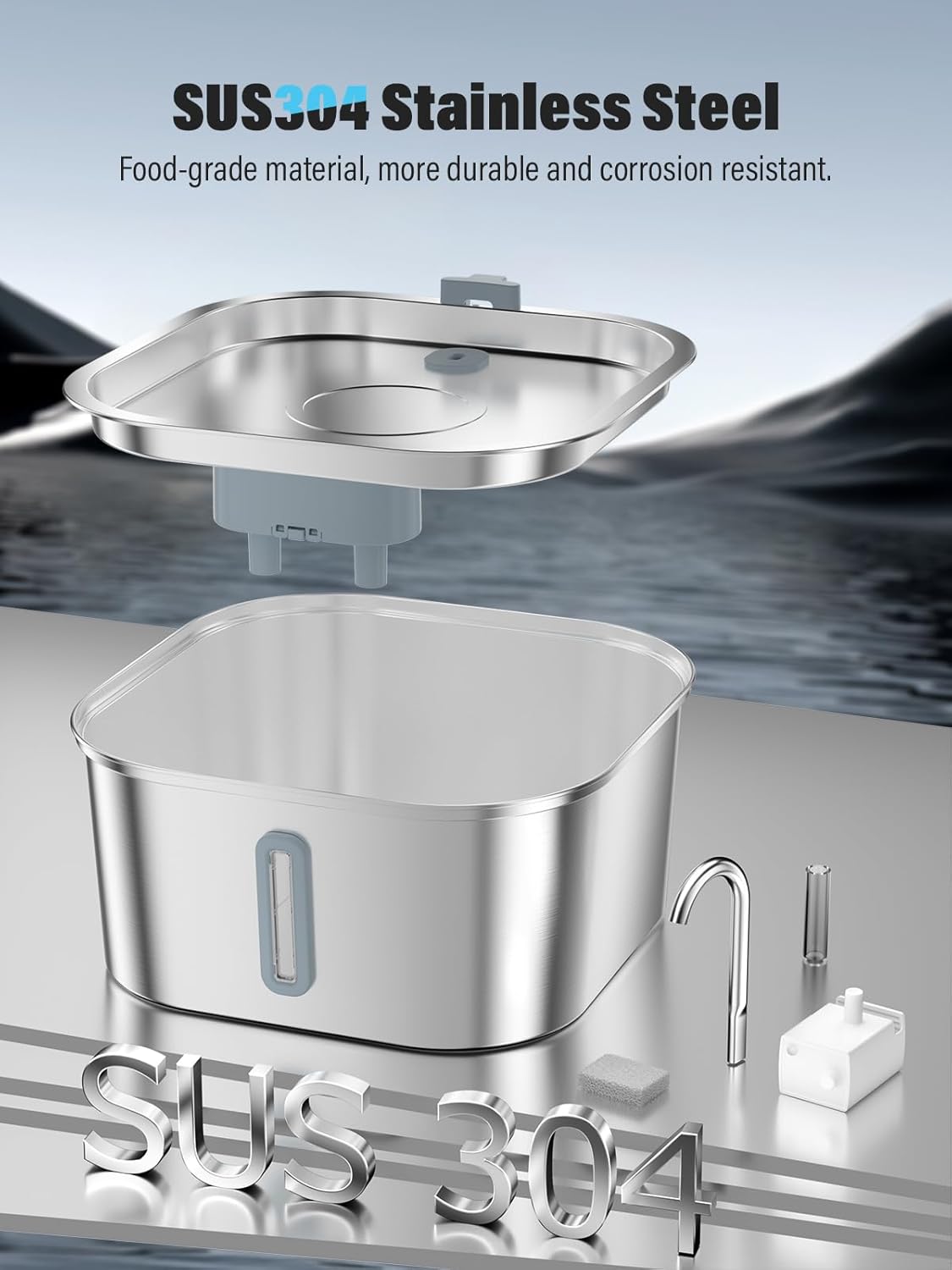 Dog Water Fountain for Large Dogs, 8L/2.1Gal Stainless Steel Pet Water Fountain with Water Level Window, Automatic Dog Water Bowl Dispenser for S-L Dogs and Multi-Pets (with 6pcs Filters)