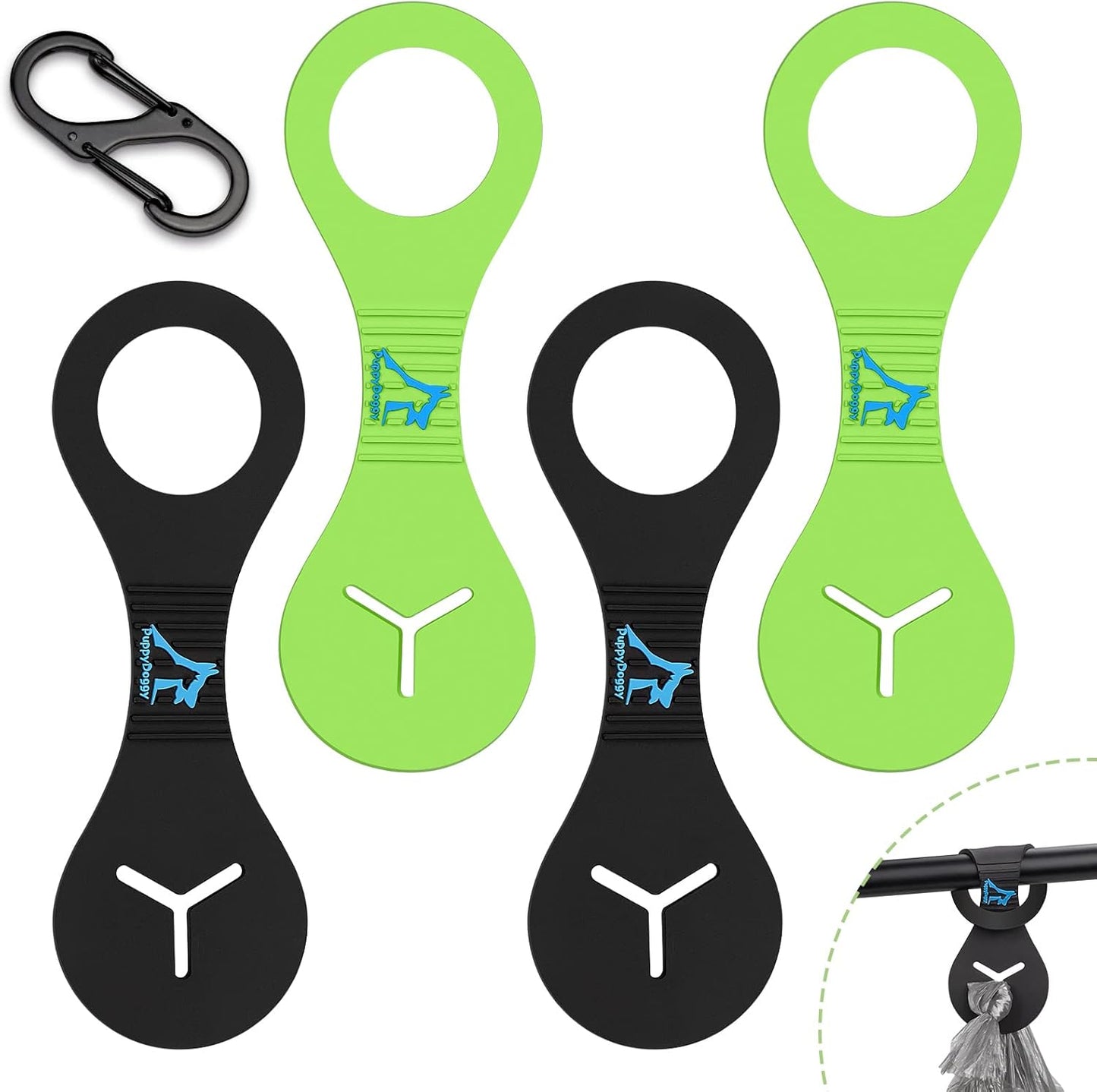 PuppyDoggy Dog Poop Bag Holder for Leash Waste Bag Carrier Dog Poop Bag Dispenser for Walking Running Bicycle Accessory 4 Pieces (Black + Green)