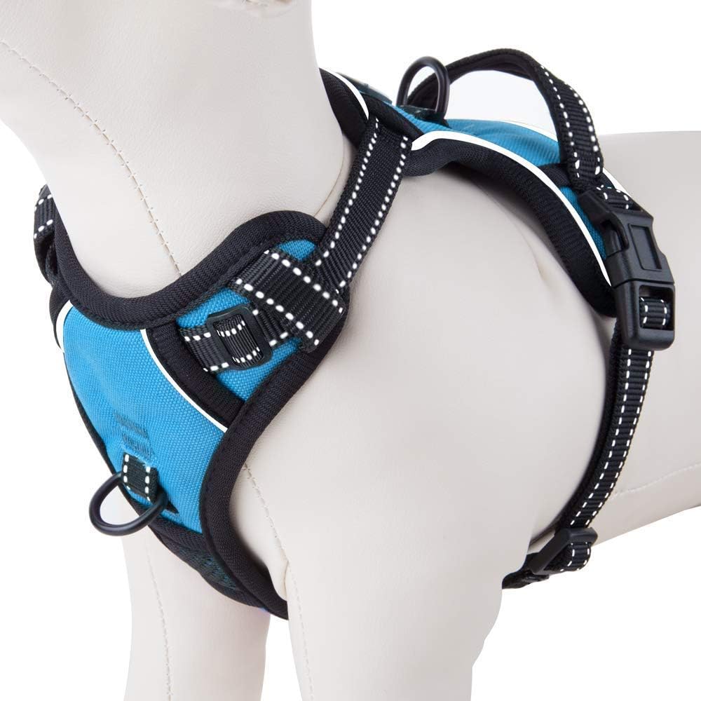 PHOEPET No Pull Dog Harness Medium Reflective Front Clip Puppy Vest with Handle,Adjustable 2 Metal Leash Attachment Hooks(M, Blue)