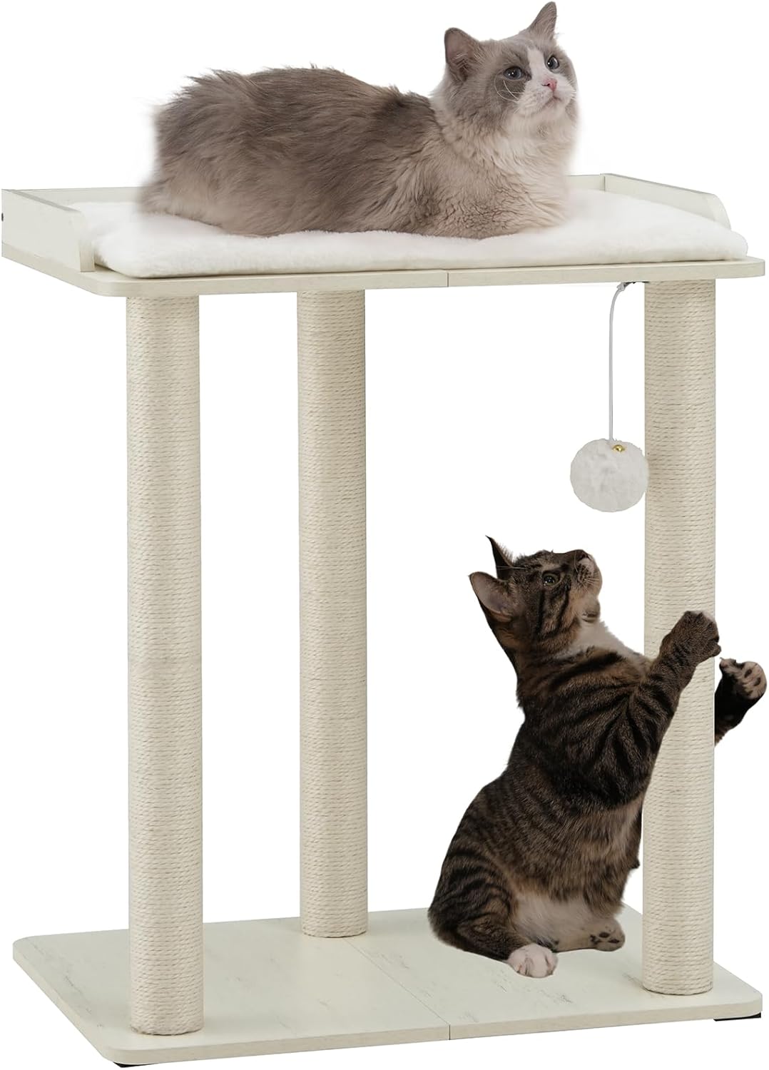 FourFurPets 26.7in Large Cat Tree Tower Condo, Cat Scratch Posts for Indoor Cats, Big Plate, Three 23.6in Full Sisal Scratching Posts, White