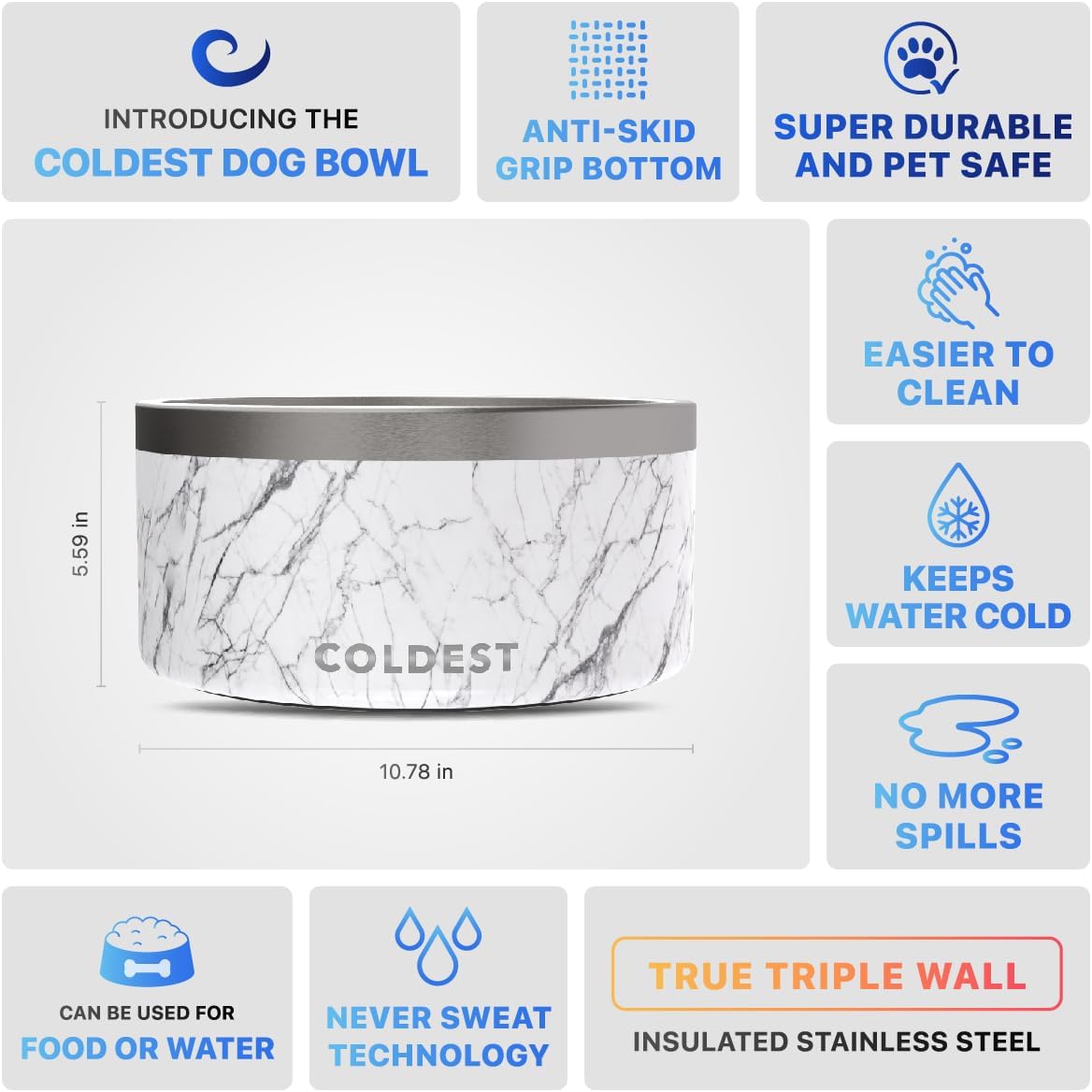 Coldest Dog Bowl - Anti Rust Metal, Non Slip, 3 Layers Insulated Stainless Steel Dog Bowls - Spill Proof & Heavy Duty - Water Bowl for Dogs, Cats & Pets, Dish Washer Safe (200 oz, Carrara Marble)