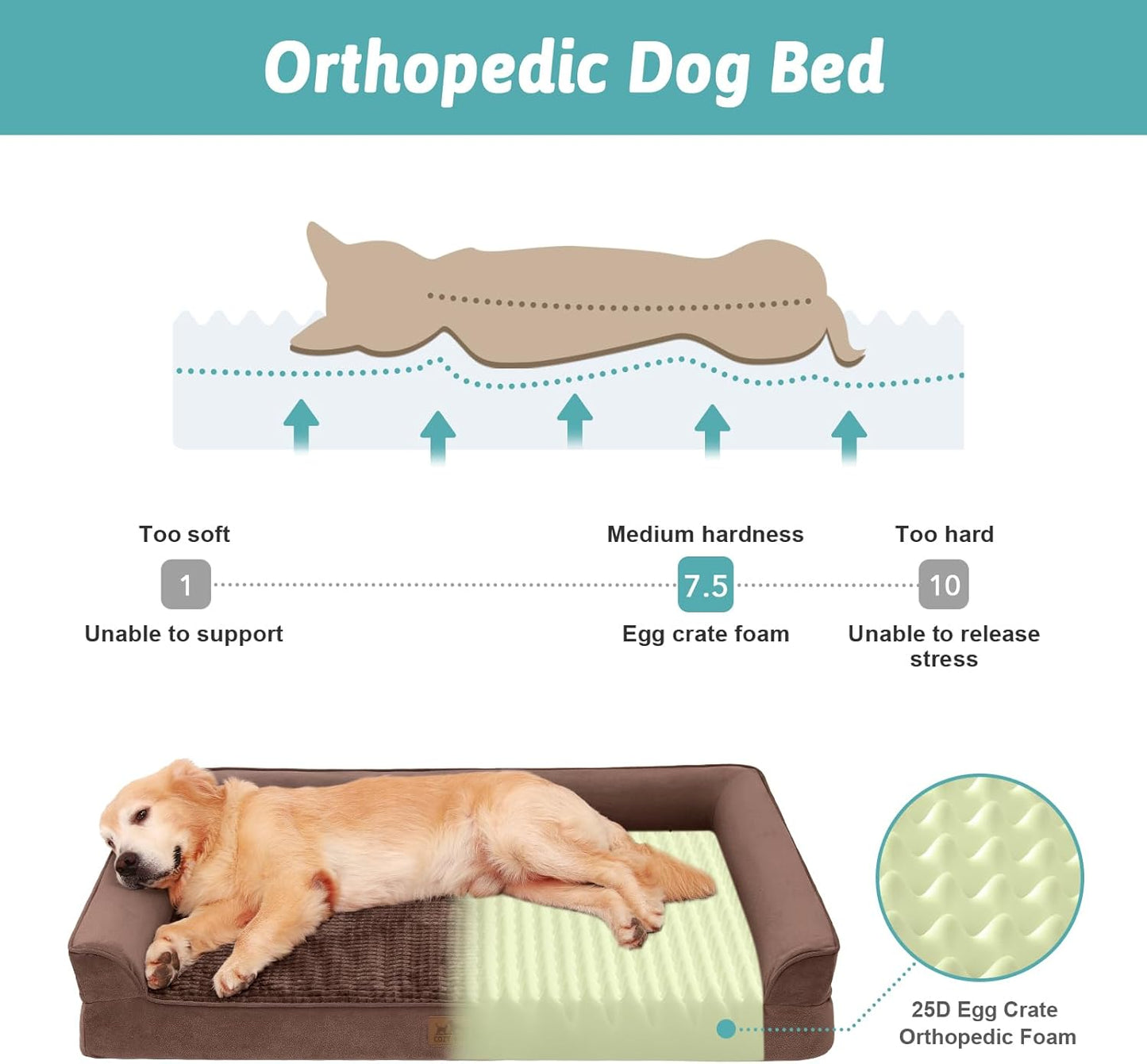 Orthopedic Dog Beds for Medium Size Dog, Pet Couch for Dog Cat, Supportive Foam Bolster Sofa with Waterproof Lining Cover, Anti-Slip, Comfort, Washable, 30x20x7.5 in, U Shape, Brown