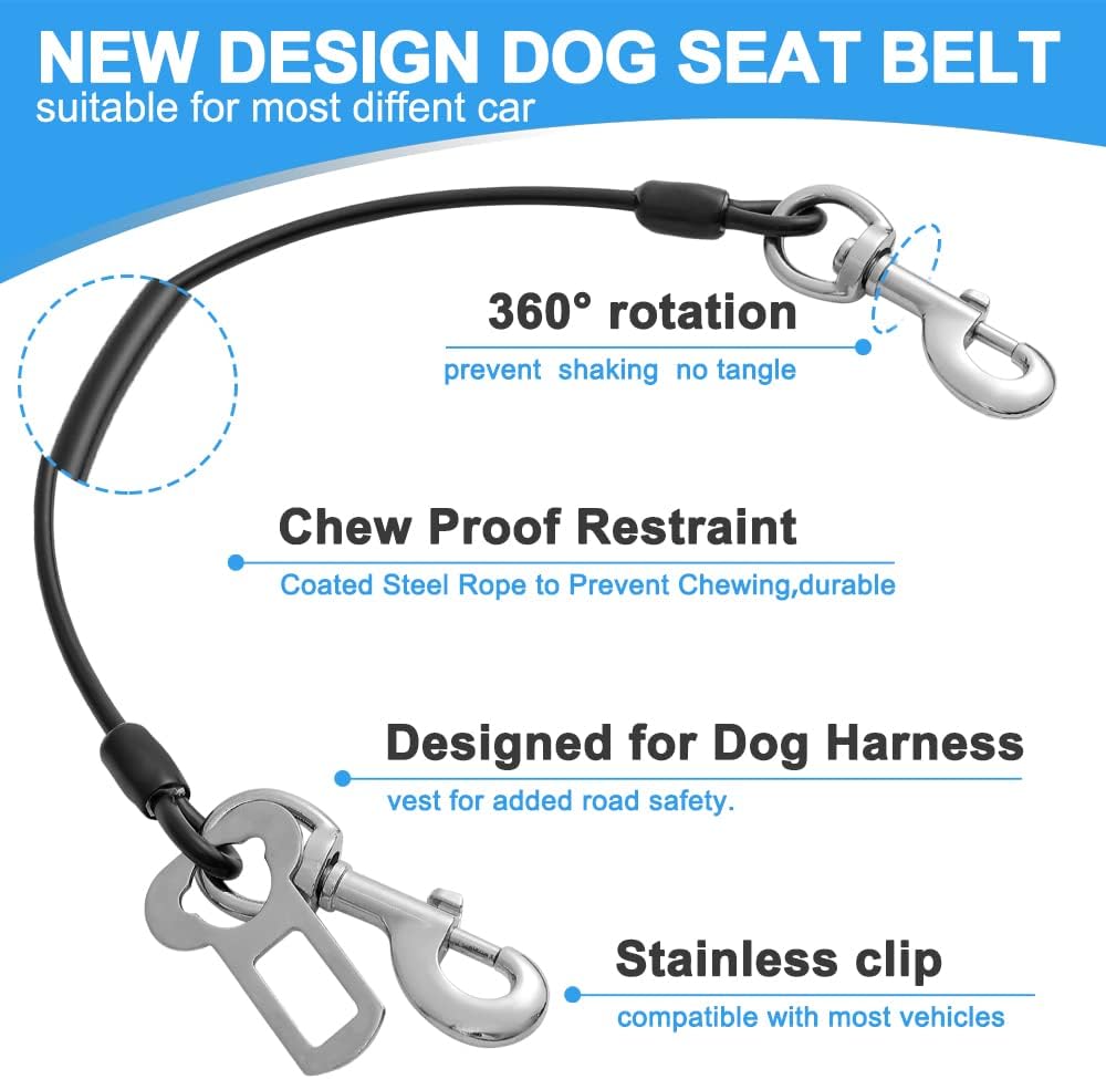 Dog Seat Belt Harness for Car,2pcs Dog Seatbelt of Coated Wire Leash Safety Restraint,No Chew Tether Cable Vehicle Dog Accessories,Double Clips & Latch (2 Pack Black, 16 inch/40 CM)
