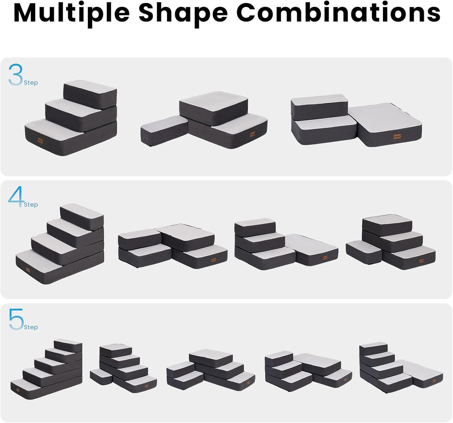 3-Step Adjustable Dog Stairs for Sofa and Couch, Dog Steps for Small Dogs and Cats, Foldable Pet Stairs for Low Bed Climbing, Non-Slip Pet Step Indoor, Grey