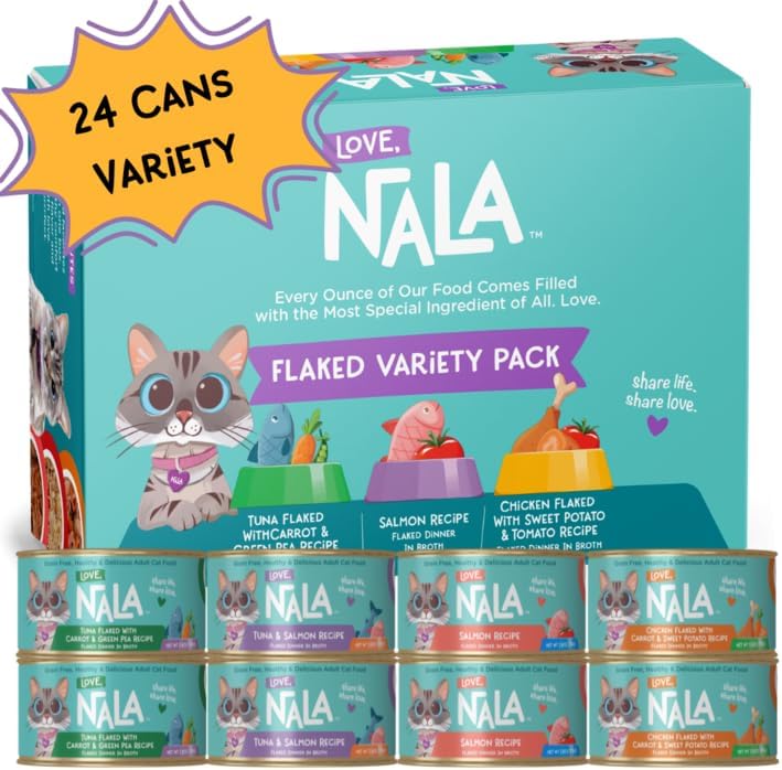LOVE, NALA - FLAKED Fish & Chicken Variety Pack - 24 Pack- Natural Adult Cat Wet Food - Grain Free, Non-GMO, Lean Protein, Omega 3, Digestive Fiber, Added Minerals & Vitamins