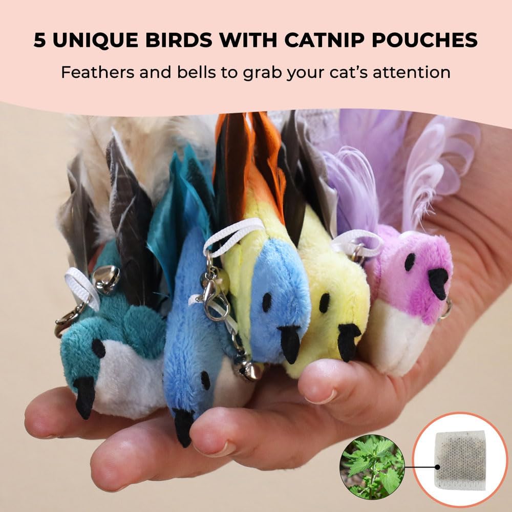 Interactive Catnip Bird Toy Set, Interactive Cat Toys for Indoor Cats, Cat Feather Toy, Self-Holding Suction Base, 5 Birds, Catnip Pouches, Feathers & Bells, Realistic Bird Impression