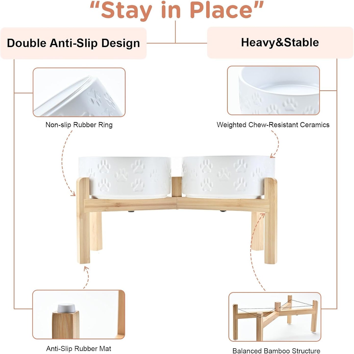 SPUNKYJUNKY Elevated Dog Bowls Ceramic, 7.3'' Dogs Food Water Bowls Raised with Non-Slip Bamboo Stand for Medium to Large Sized Breed Microwave Dishwasher Safe - 42 OZ,Paw White