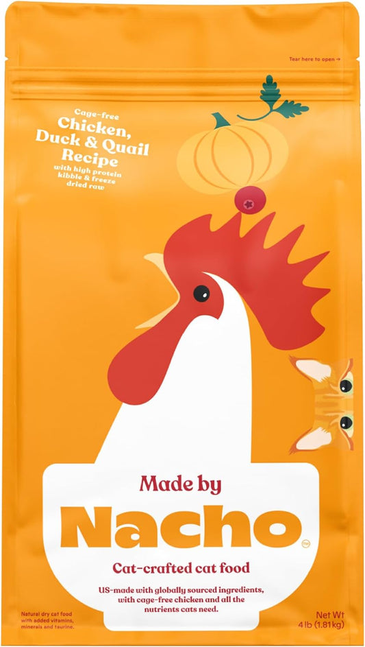 Made by Nacho Dry Cat Kibble 4lb Bag, High Protein Premium Cat Food with Freeze Dried Pieces, Cage-Free Chicken & Duck, Limited Ingredients, Single Bag