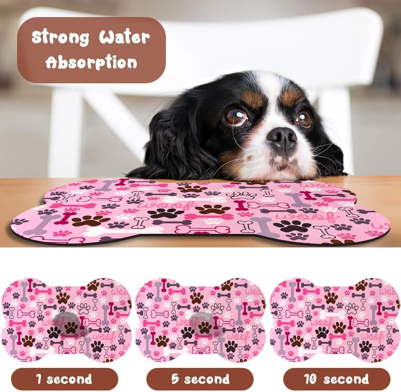 Dog Food Mats for Floors Waterproof, Pet Feeding Absorbent Water Bowl Mat Cat Placemats Pink Bone Shape 23.6 * 15.7 inch