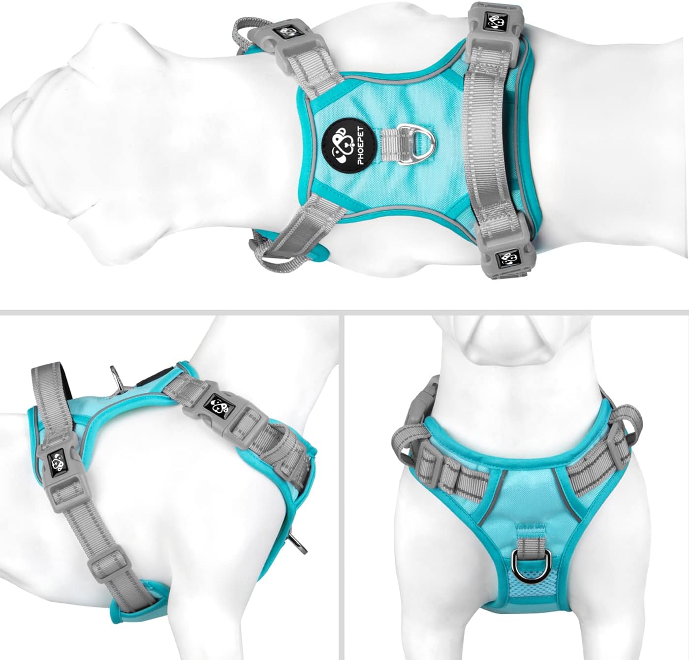 PHOEPET No Pull Dog Harness, Unique Colors Reflective Adjustable Dog Vest, with Soft Training Handle Metal Clips for Small Medium Large Dogs (Mint Green Base & Grey Straps,XL)