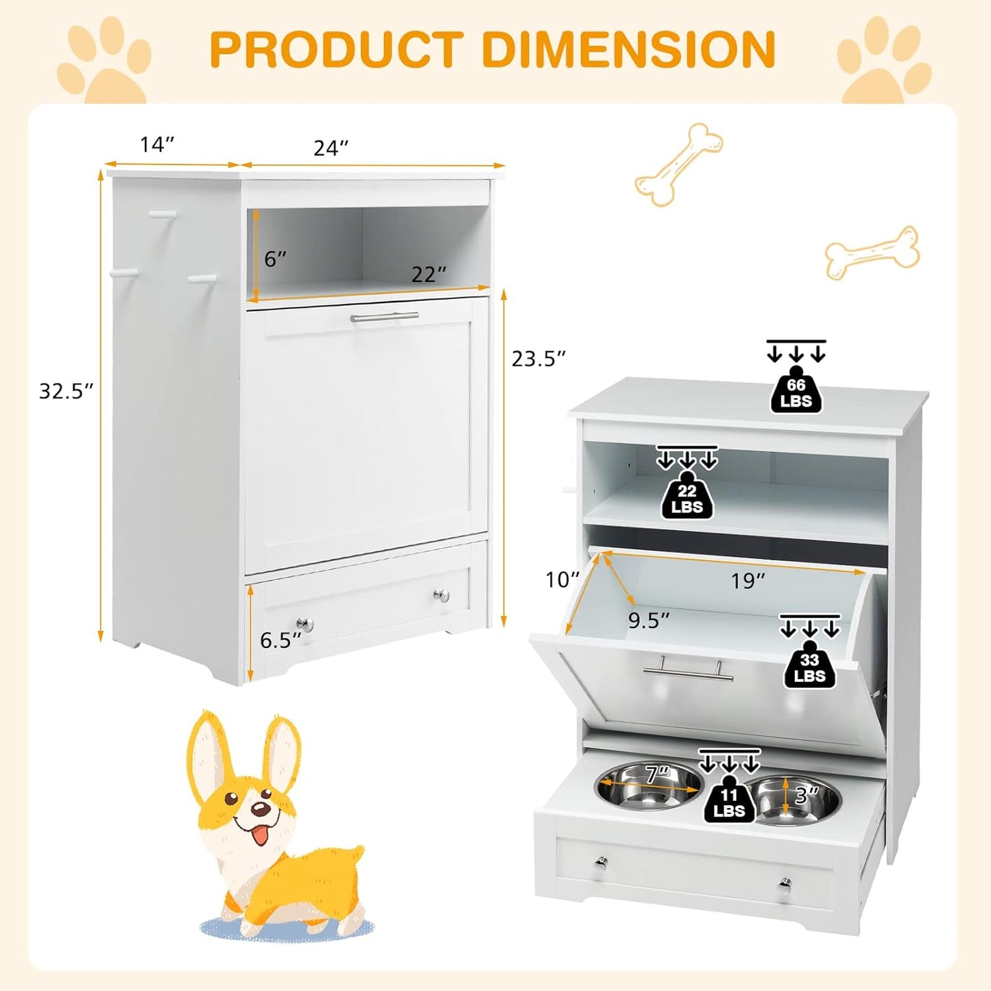 Tangkula Pet Feeder Station, Dog Food Storage Container with Double Pull Out Dog Bowls, Pet Food Toy Organizer Cabinet, Pet Feeding Station Furniture for Dogs Cats Feeding & Watering Supplies (White)