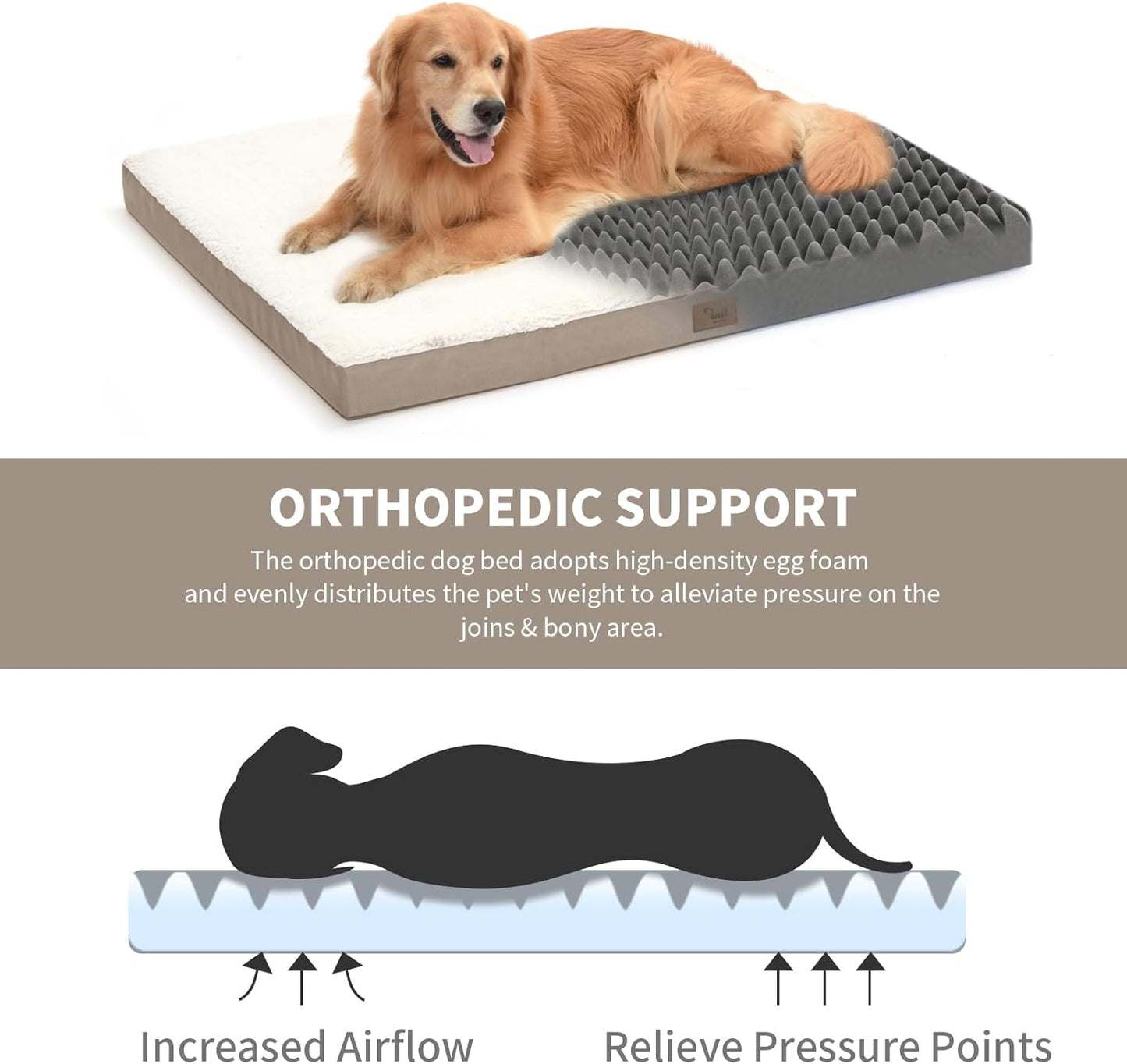 Orthopedic Dog Bed for Large Dogs, Washable Dog Bed for Large Sized with Egg Crate Foam Pet Mat, Removable Oxford Cover, Khaki White