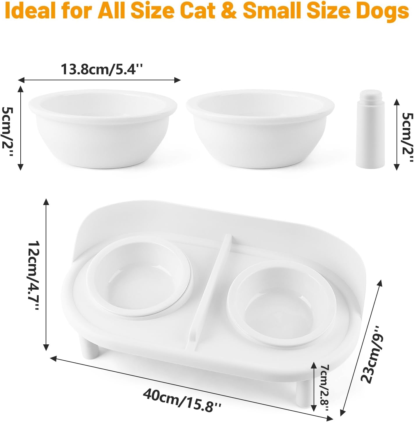 Elevated Cat Bowls, Tilted Rised Cat Food and Water Bowl with 2 Pcs Ceramic Pet Bowls, Rised Stand, Pet Dish Anti Vomiting Feeding Station for All Sized Cats & Small Dogs (White)