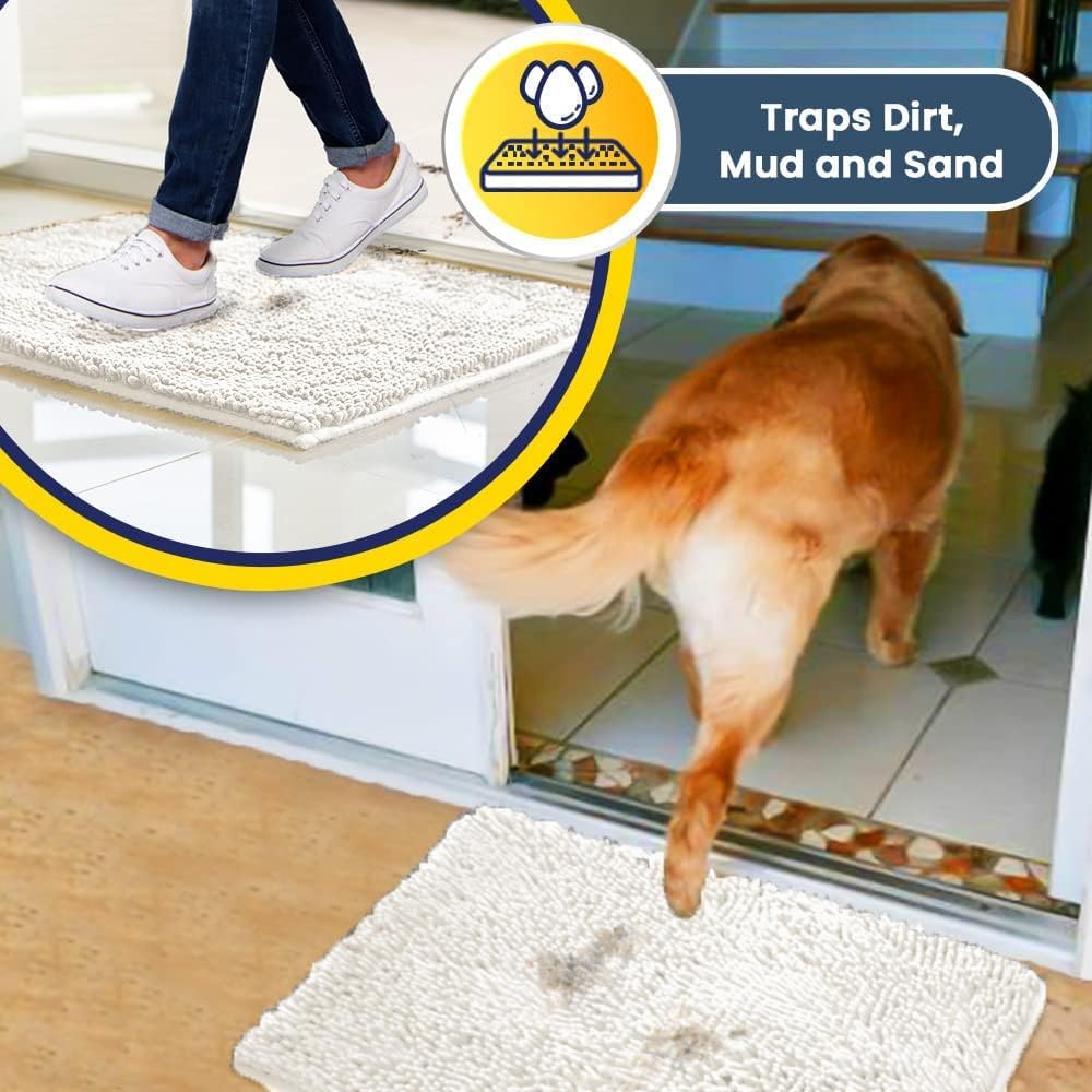 Muddy Mat® AS-SEEN-ON-TV Highly Absorbent Microfiber Door Mat and Pet Rug, Non Slip Thick Washable Area and Bath Mat Soft Chenille for Kitchen Bathroom Bedroom Indoor and Outdoor - White 36" x 120"