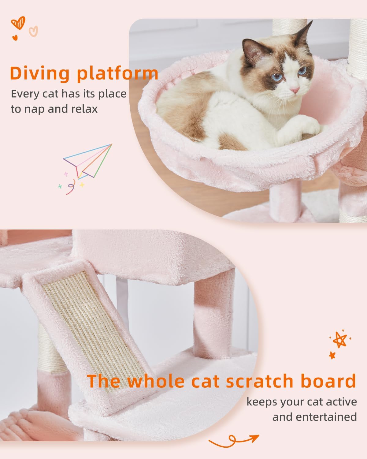 Taoqimiao Cat Tree 71-Inch, Cat Tower for Indoor Cats Large Adult, Multi-Level Large Cat Condo, 8 Sisal Scratching Posts, Metal Frame Cozy Hammock, Scratch Board, 2 Top Perches, Jelly Pink MS026LP